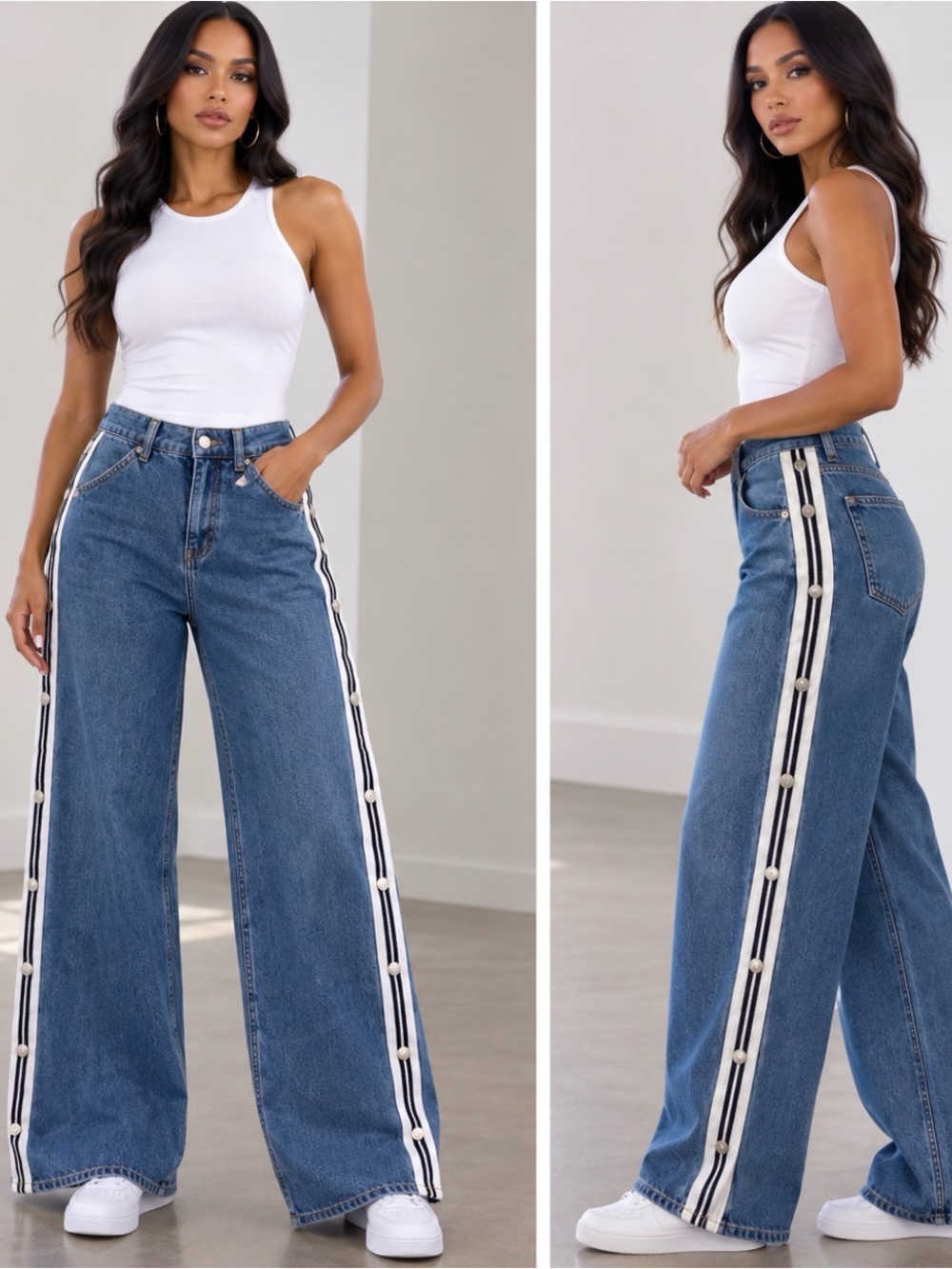 H&M Divided Blue Denim Track-Stripe Jeans with Snap Side Trim